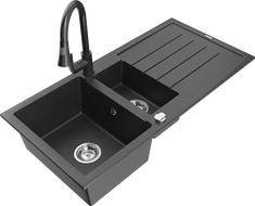 Mexen Andres 1.5-bowl granite sink with drainer and Elia kitchen tap, black speckled - 6515-76-670101-76