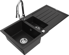 Mexen Andres Granite Sink 1.5-Bowl with Drainer and Elia Kitchen Tap, Black - 6515-77-670101-00