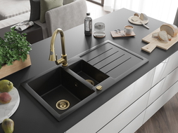 Mexen Andres Granitspüle 1,5-Becken mit Abtropffläche und Küchenarmatur Elia, schwarz - 6515-77-670101-50