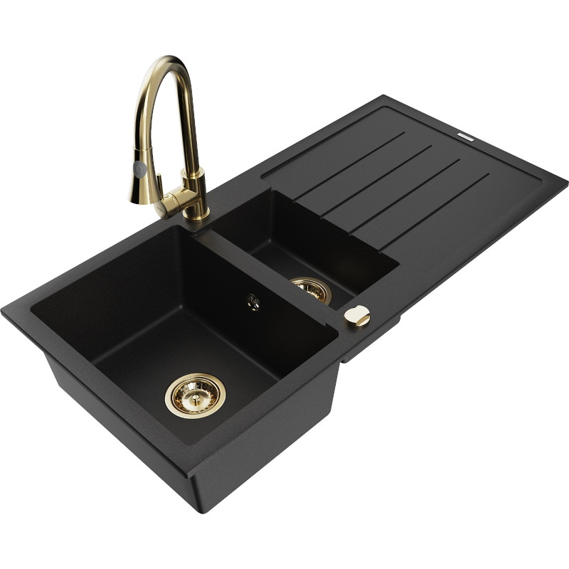 Mexen Andres fregadero de granito de 1,5 compartimentos con escurridor y grifo de cocina Elia, negro - 6515-77-670101-50