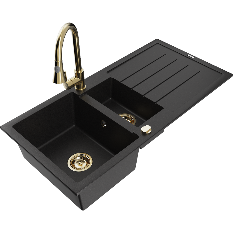 Mexen Andres granitdiskho 1,5-fack med avrinning och köksblandare Elia, svart - 6515-77-670101-50
