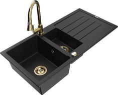 Mexen Andres 1.5-bowl granite sink with drainer and Elia kitchen faucet, black - 6515-77-670101-50