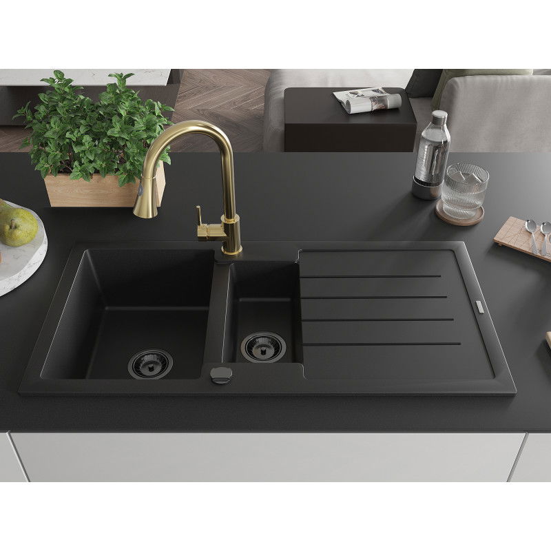 Mexen Andres 1.5-bowl granite sink with drainer and Elia kitchen tap, black - 6515-77-670101-50-B