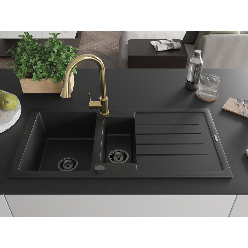 Mexen Andres Granitspüle 1,5-becken mit Abtropffläche und Küchenarmatur Elia, schwarz - 6515-77-670101-50-B