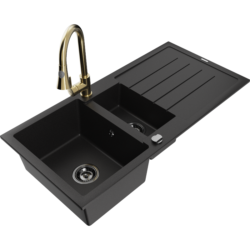 Mexen Andres 1.5-bowl granite sink with drainer and Elia kitchen tap, black - 6515-77-670101-50-B