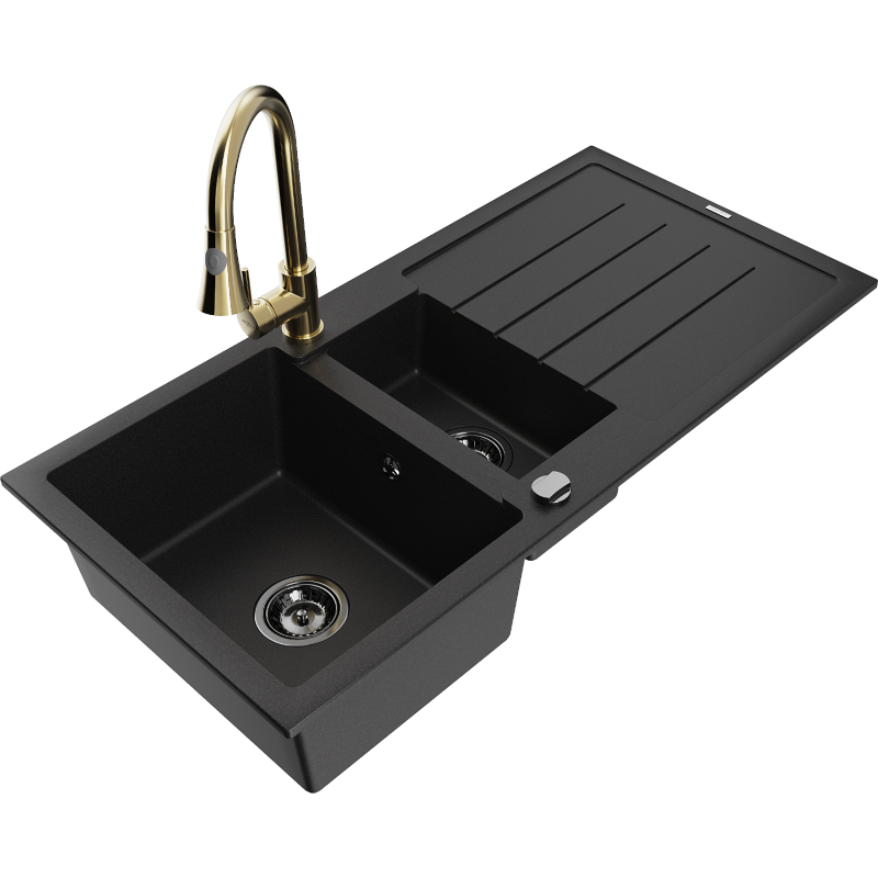Mexen Andres fregadero de granito de 1,5 senos con escurridor y grifo de cocina Elia, negro - 6515-77-670101-50-B