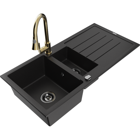 Mexen Andres 1.5-bowl granite sink with drainer and Elia kitchen tap, black - 6515-77-670101-50-B
