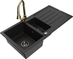 Mexen Andres fregadero de granito de 1,5 senos con escurridor y grifo de cocina Elia, negro - 6515-77-670101-50-B