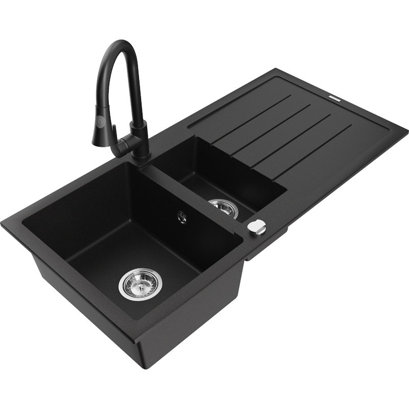 Mexen Andres fregadero de granito de 1,5 cubetas con escurridor y grifo de cocina Elia, negro - 6515-77-670101-70
