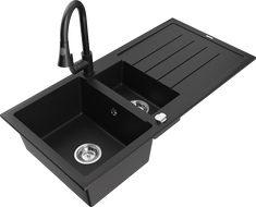 Mexen Andres fregadero de granito de 1,5 cubetas con escurridor y grifo de cocina Elia, negro - 6515-77-670101-70
