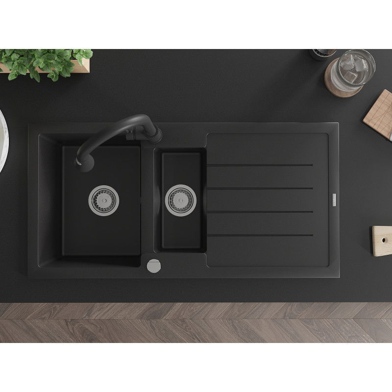 Mexen Andres granite sink 1.5 bowl with drainer and Elia kitchen tap, black - 6515-77-670101-70