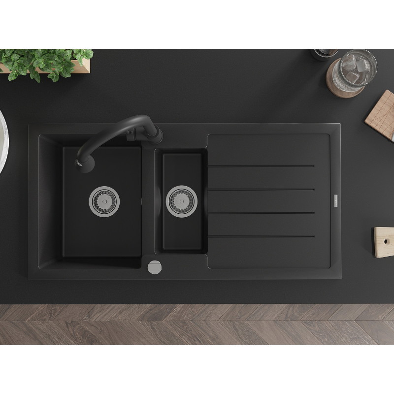 Mexen Andres Granitspüle 1,5-Becken mit Abtropffläche und Küchenarmatur Elia, schwarz - 6515-77-670101-70
