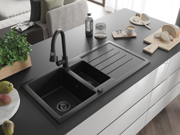 Mexen Andres fregadero de granito de 1,5 senos con escurridor y grifo de cocina Elia, negro - 6515-77-670101-70-B