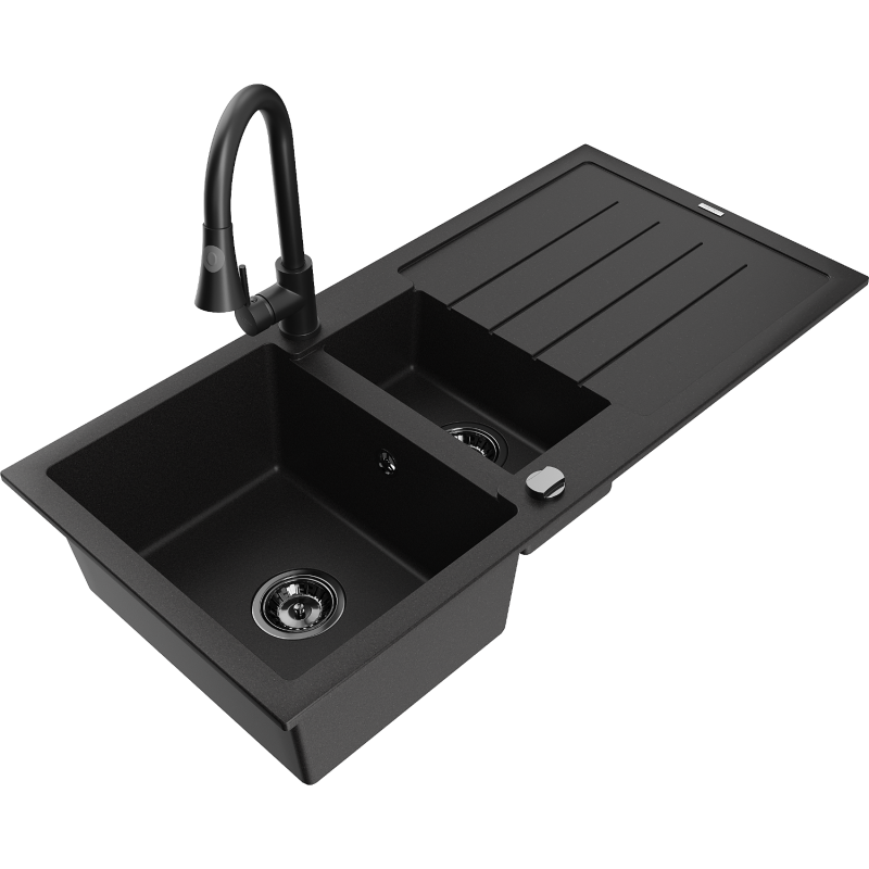 Mexen Andres granite sink 1.5-bowl with drainer and Elia kitchen tap, black - 6515-77-670101-70-B