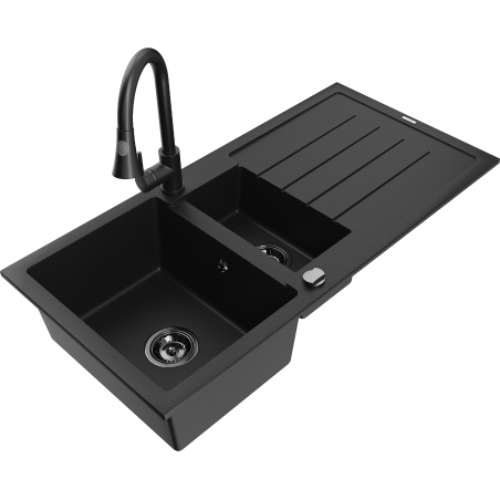 Mexen Andres évier en granit 1,5 bac avec égouttoir et robinet de cuisine Elia, noir - 6515-77-670101-70-B