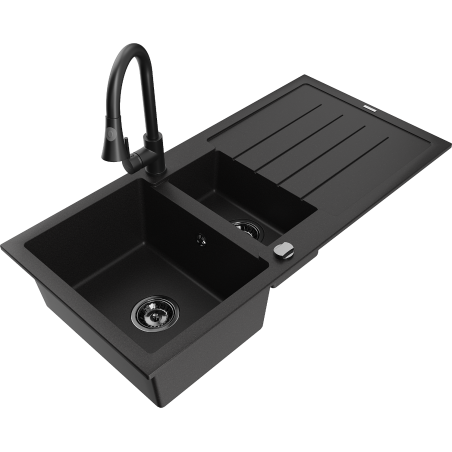 Mexen Andres granite sink 1.5-bowl with drainer and Elia kitchen tap, black - 6515-77-670101-70-B