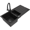 Mexen Andres évier en granit 1,5 bac avec égouttoir et robinet de cuisine Elia, noir - 6515-77-670101-70-B