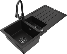 Mexen Andres fregadero de granito de 1,5 senos con escurridor y grifo de cocina Elia, negro - 6515-77-670101-70-B