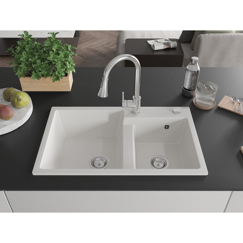 Mexen Tomas granite sink 2-chamber with Elia kitchen tap, white - 6516-20-670101-00