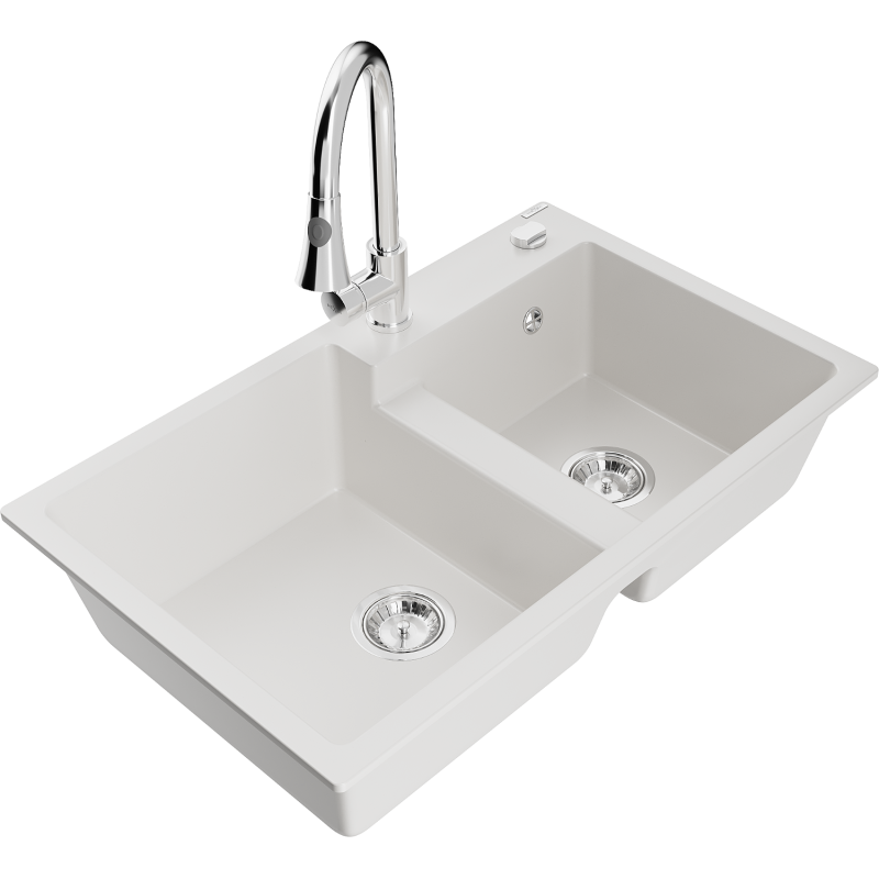 Mexen Tomas fregadero de granito de 2 senos con grifo de cocina Elia, blanco - 6516-20-670101-00