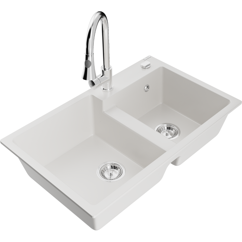 Mexen Tomas graniittinen 2-allaspesuallas keittiöhanalla Elia, valkoinen - 6516-20-670101-00