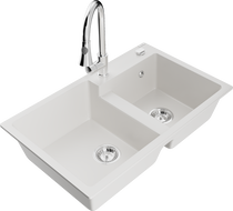 Mexen Tomas granite sink 2-chamber with Elia kitchen tap, white - 6516-20-670101-00