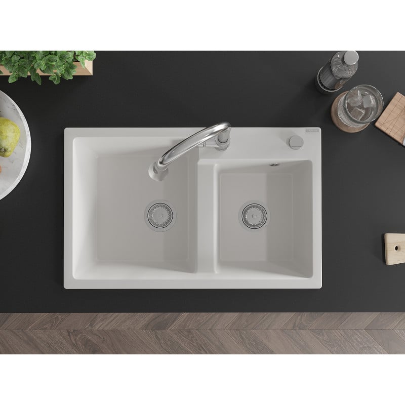 Mexen Tomas granite sink 2-chamber with Elia kitchen tap, white - 6516-20-670101-00