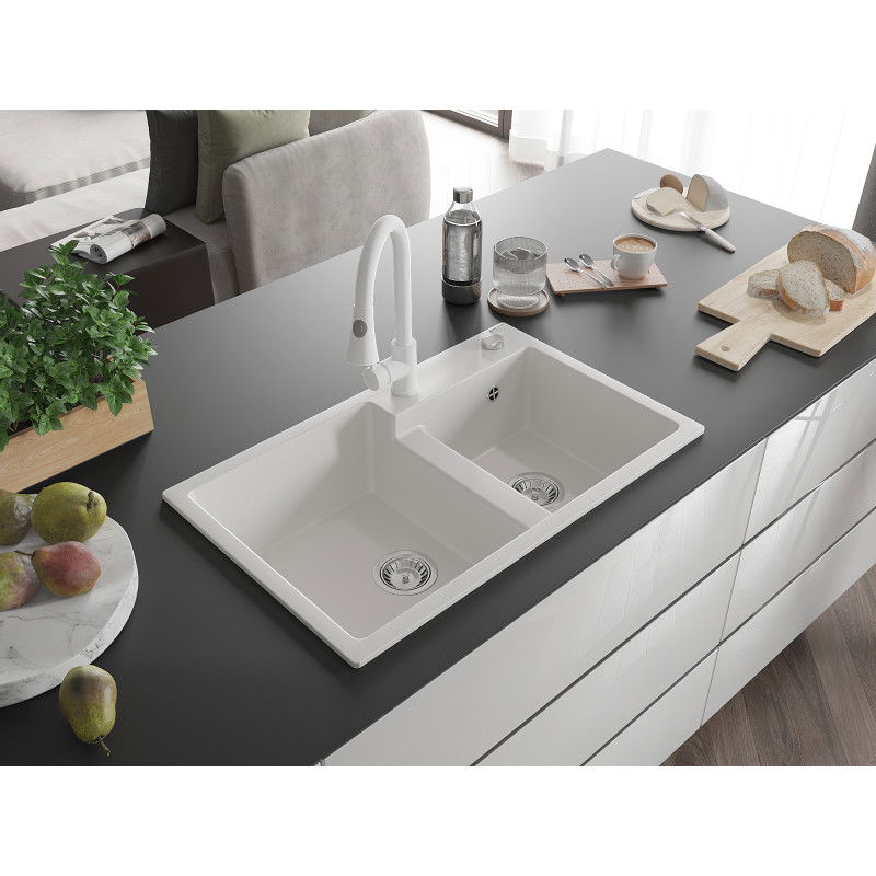 Mexen Tomas granite sink 2-bowl with Elia kitchen tap, white - 6516-20-670101-20