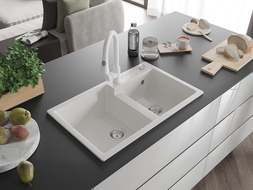 Mexen Tomas granite sink 2-bowl with Elia kitchen tap, white - 6516-20-670101-20