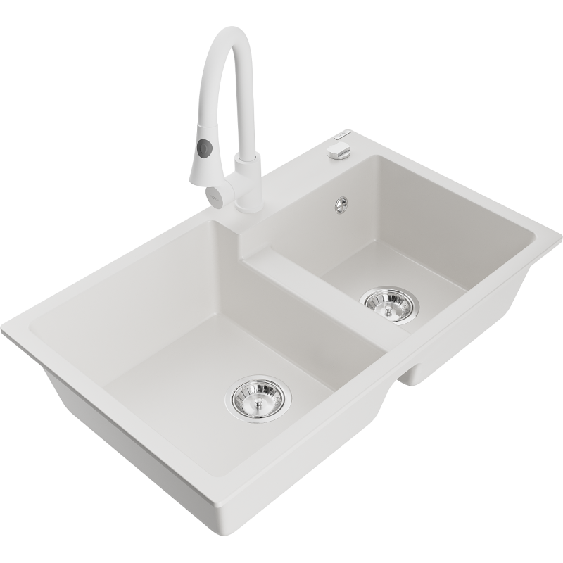 Mexen Tomas fregadero de granito de 2 compartimentos con grifo de cocina Elia, blanco - 6516-20-670101-20