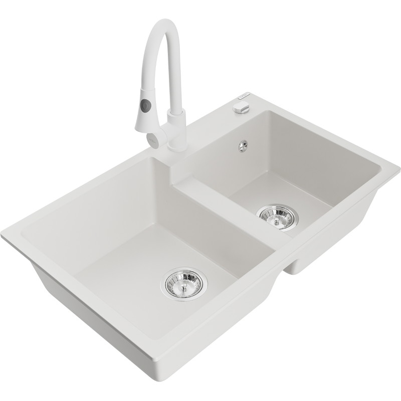 Mexen Tomas fregadero de granito de 2 senos con grifo de cocina Elia, blanco - 6516-20-670101-20