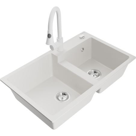 Mexen Tomas granite sink 2-bowl with Elia kitchen tap, white - 6516-20-670101-20