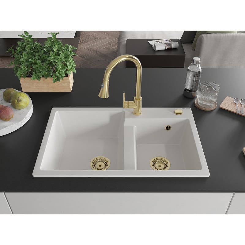 Mexen Tomas granite kitchen sink with 2 bowls and Elia kitchen tap, white - 6516-20-670101-50