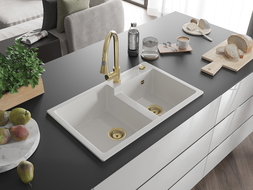 Mexen Tomas granite kitchen sink with 2 bowls and Elia kitchen tap, white - 6516-20-670101-50