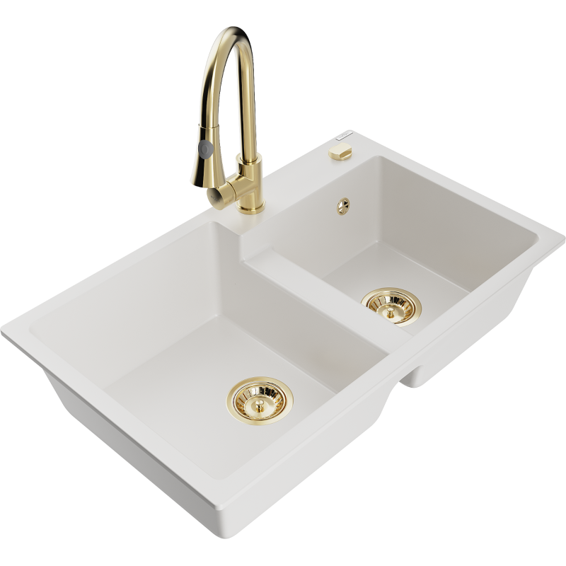 Mexen Tomas granite kitchen sink with 2 bowls and Elia kitchen tap, white - 6516-20-670101-50