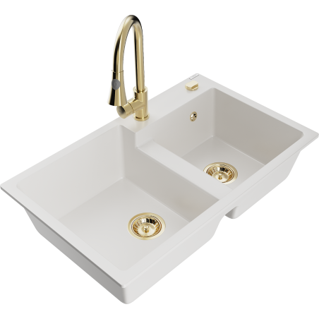 Mexen Tomas évier en granit à 2 bacs avec robinet de cuisine Elia, blanc - 6516-20-670101-50