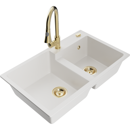 Mexen Tomas granite kitchen sink with 2 bowls and Elia kitchen tap, white - 6516-20-670101-50