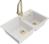 Mexen Tomas granite kitchen sink with 2 bowls and Elia kitchen tap, white - 6516-20-670101-50
