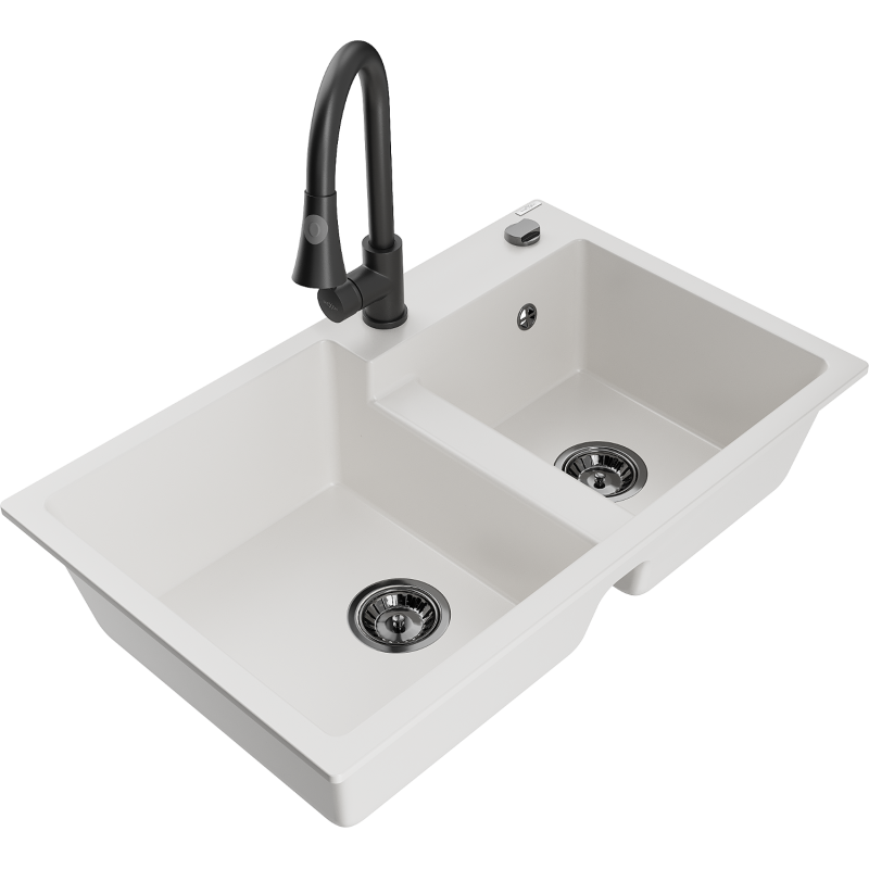 Mexen Tomas 2-tilainen graniittinen pesuallas Elia keittiöhanalla, valkoinen - 6516-20-670101-70