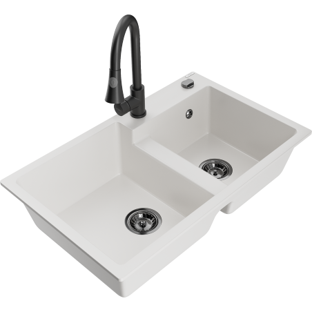 Mexen Tomas fregadero de granito de 2 senos con grifo de cocina Elia, blanco - 6516-20-670101-70