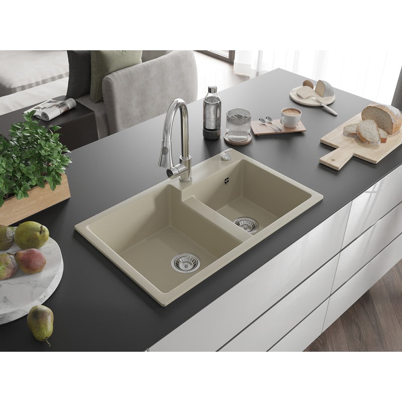 Mexen Tomas 2-bowl granite sink with Elia kitchen tap, beige - 6516-69-670101-00