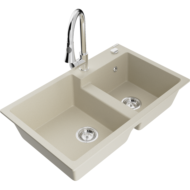 Mexen Tomas granieten gootsteen 2-komorige met keukenmengkraan Elia, beige - 6516-69-670101-00