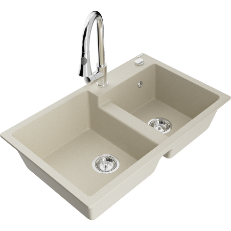Mexen Tomas évier en granit 2 bacs avec robinet de cuisine Elia, beige - 6516-69-670101-00