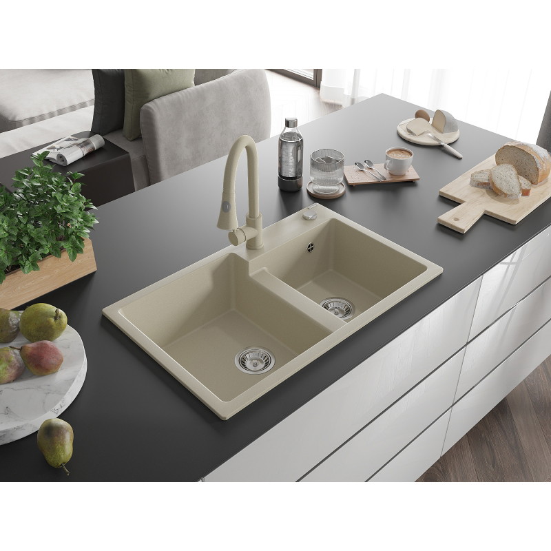 Mexen Tomas fregadero de granito de 2 compartimentos con grifo de cocina Elia, beige - 6516-69-670101-69