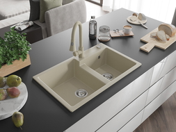 Mexen Tomas évier en granit 2 bacs avec robinet de cuisine Elia, beige - 6516-69-670101-69