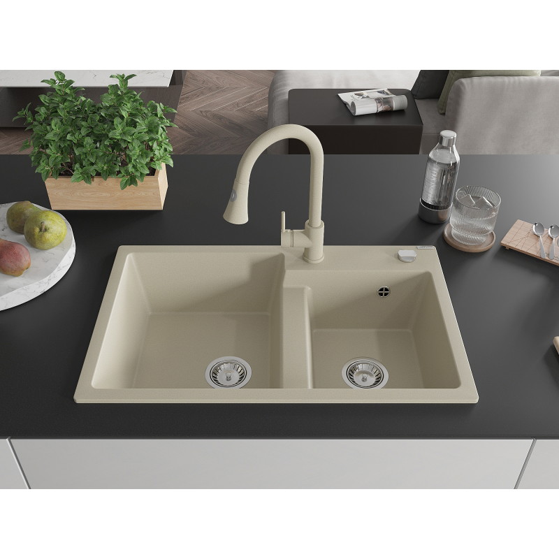Mexen Tomas granit gootsteen 2-kamer met keukenmengkraan Elia, beige - 6516-69-670101-69