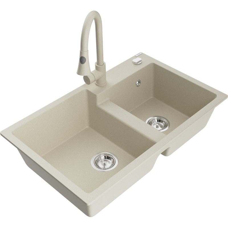 Mexen Tomas fregadero de granito de 2 senos con grifo de cocina Elia, beige - 6516-69-670101-69