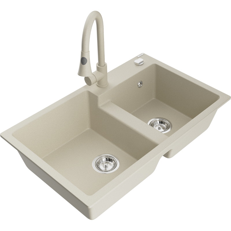 Mexen Tomas granitische dubbele spoelbak met keukenmengkraan Elia, beige - 6516-69-670101-69