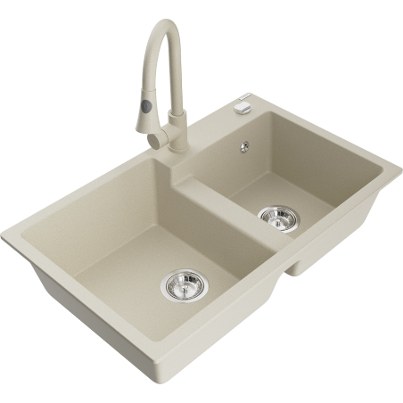 Mexen Tomas Granite 2-Compartment Sink with Elia Kitchen Tap, Beige - 6516-69-670101-69