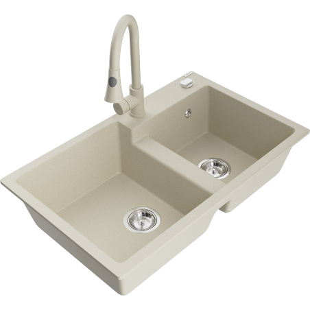 Mexen Tomas Granitspüle 2-becken mit Küchenarmatur Elia, beige - 6516-69-670101-69